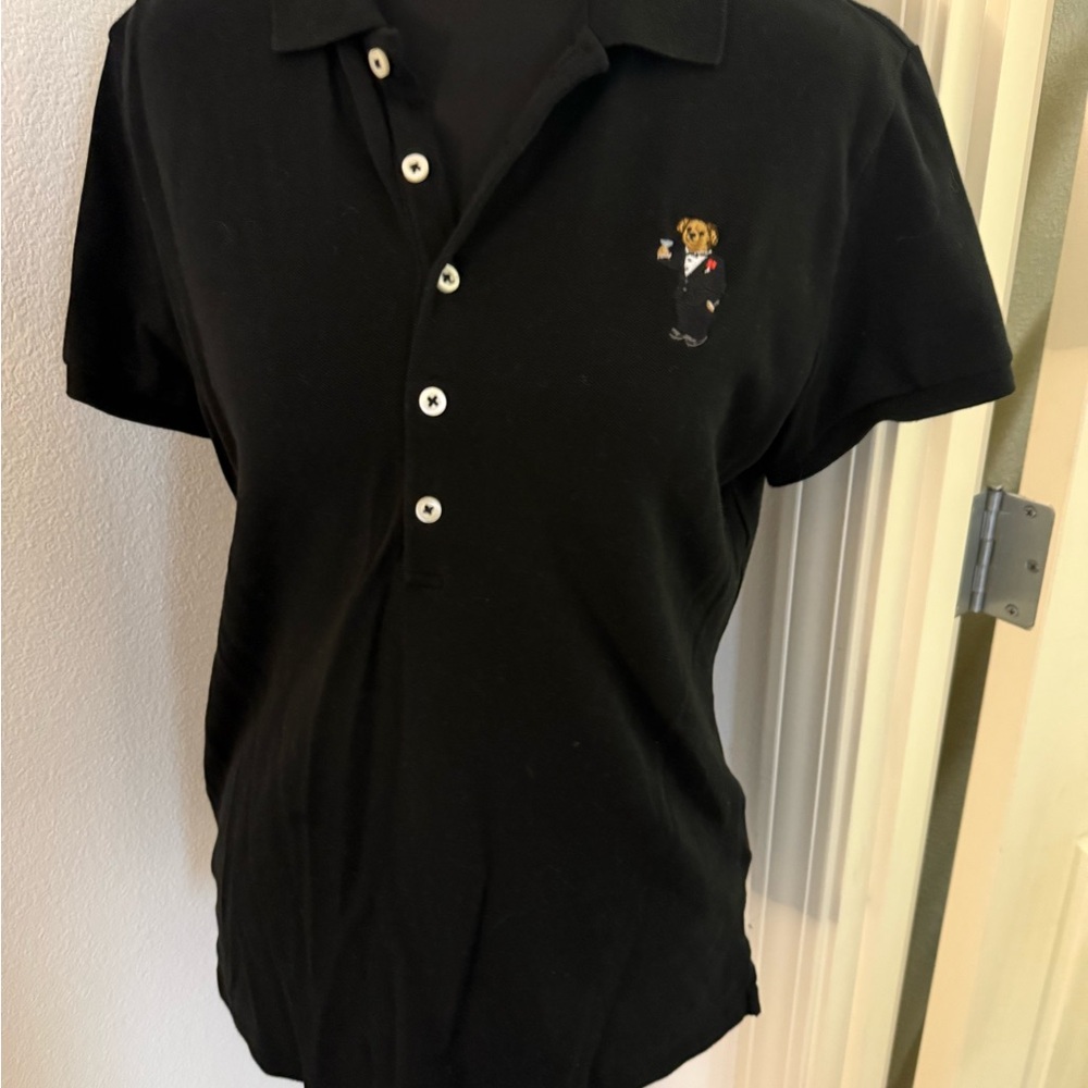 Black Polo Shirt with Embroidered Bear